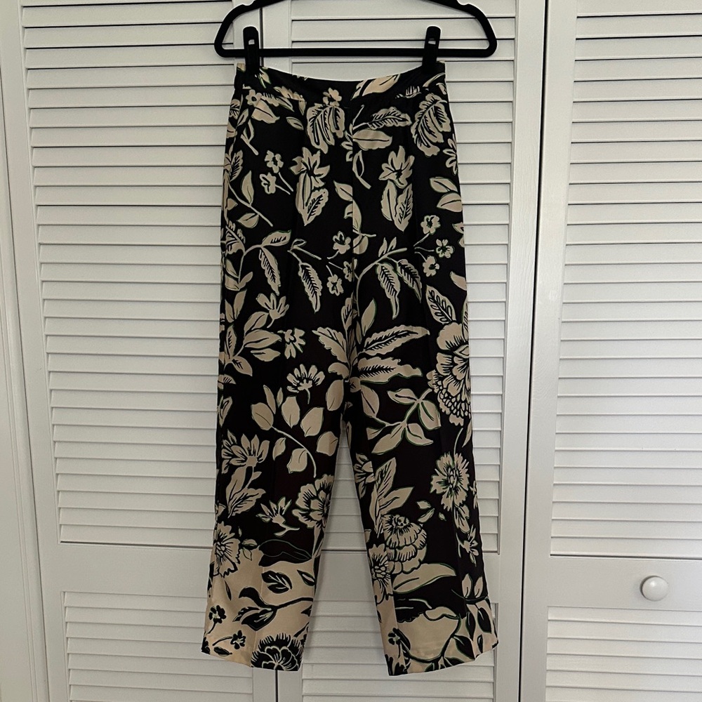 Zara Black and Cream Floral Satin Pants - XS